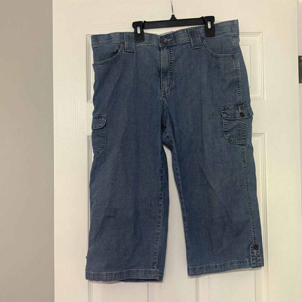 Lee Cargo Capri Pants Womens 18 Blue Jeans Denim Cropped Comfort Waistband Wide